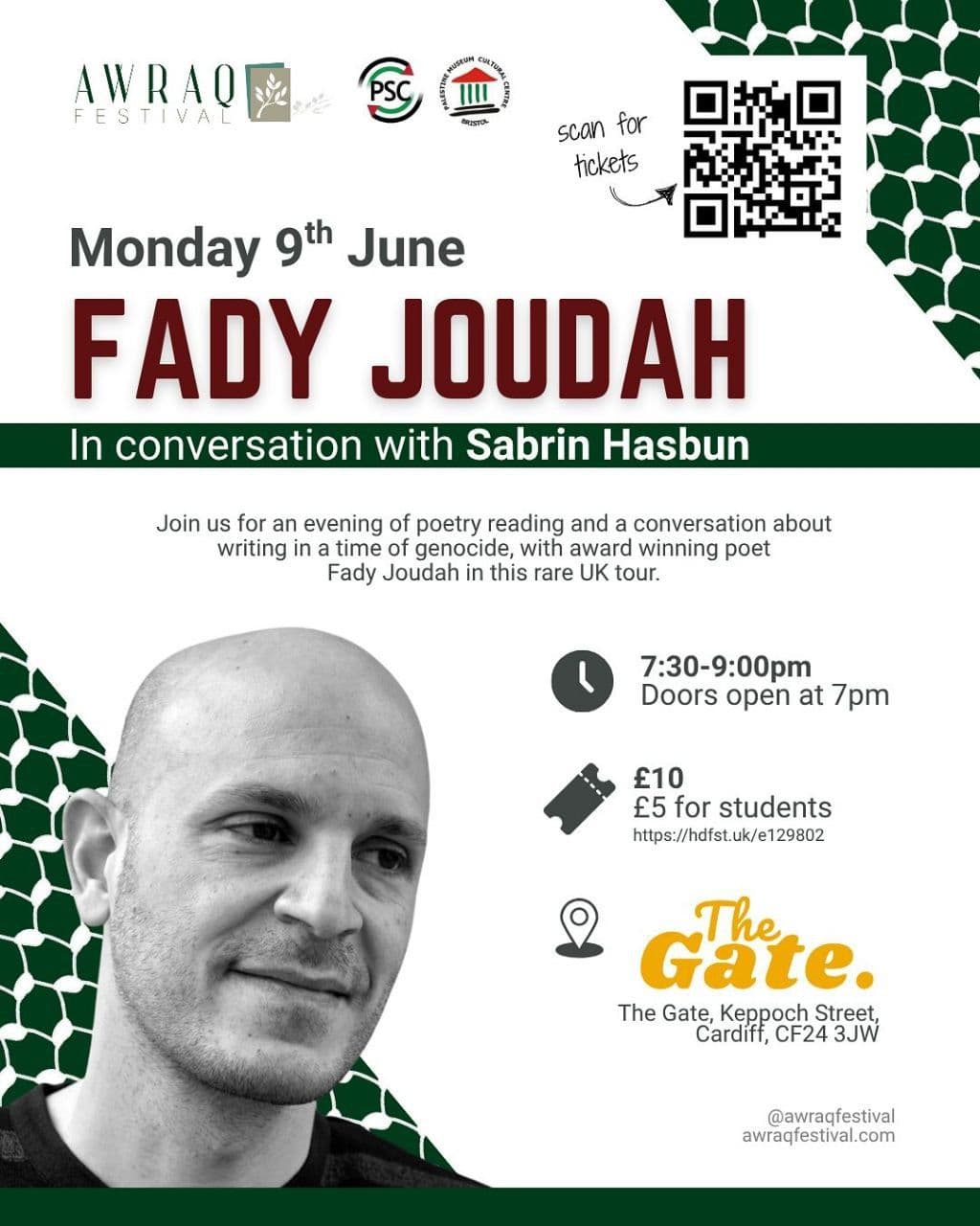 Join us for an evening of poetry reading and a conversation about writing in a time of genocide, with award winning poet Fady Joudah in this rare UK tour.