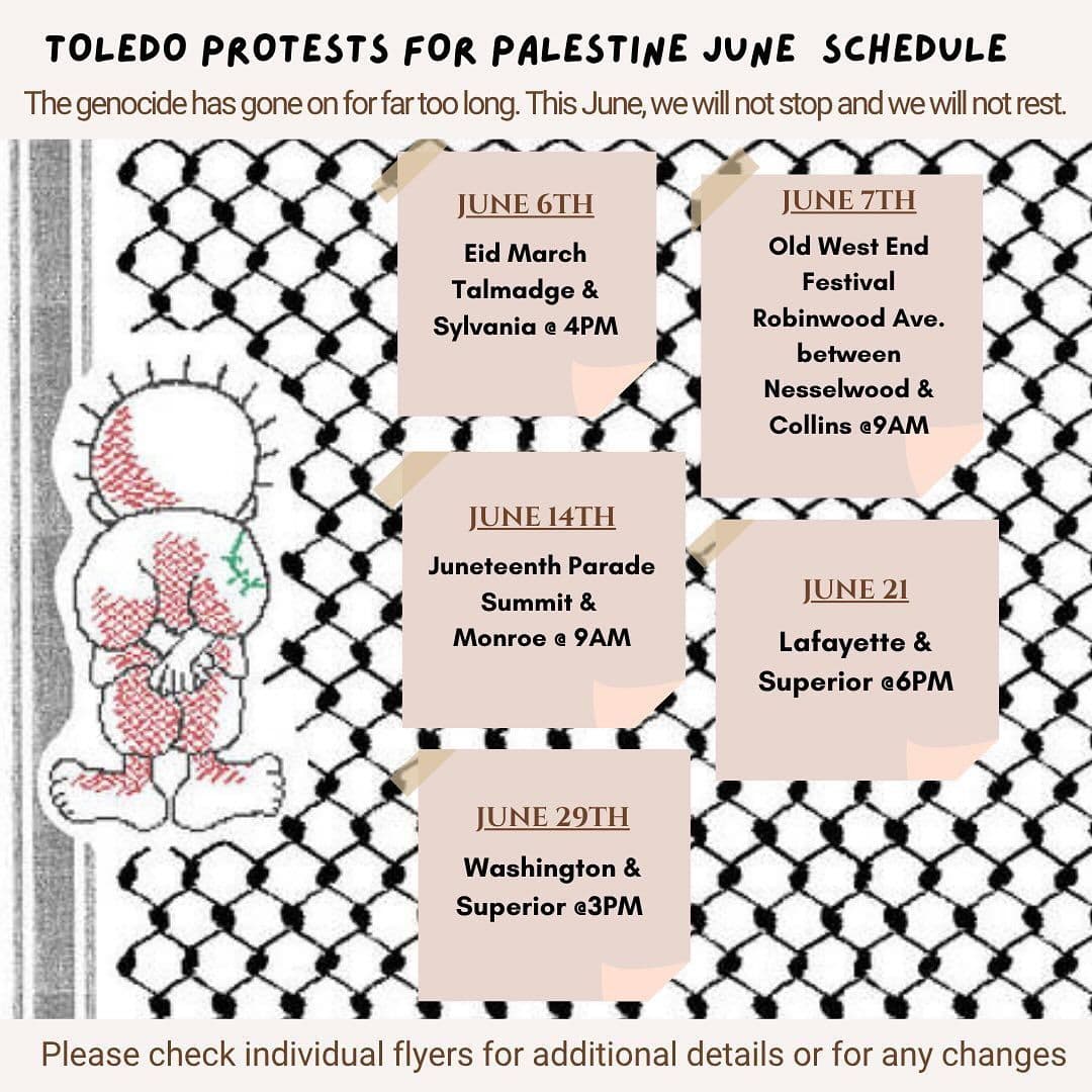 TOLEDO PROTESTS FOR PALESTINE JUNE SCHEDULE