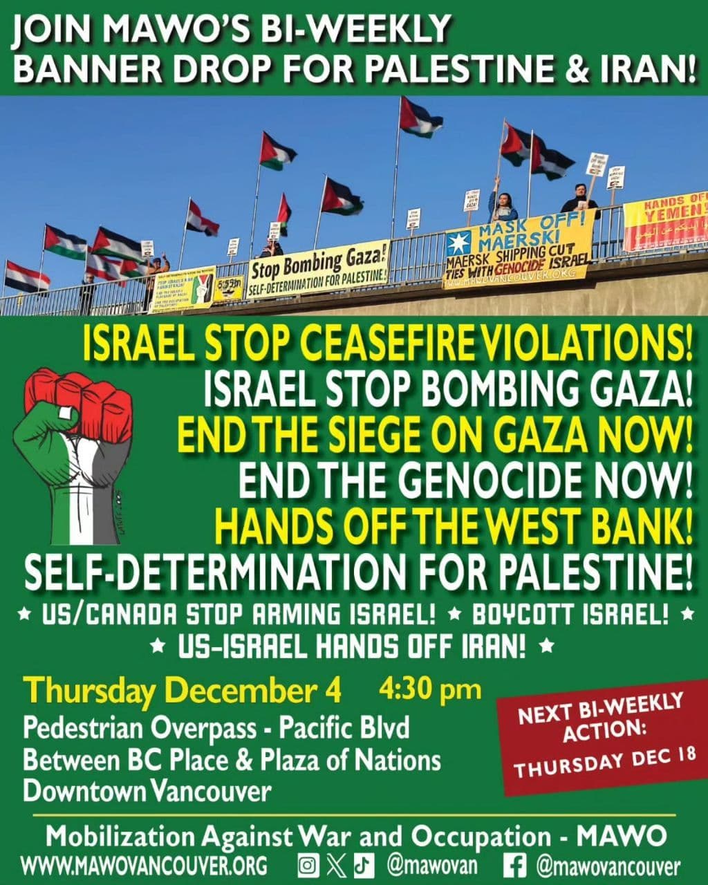 JOIN MAWO'S BI-WEEKLY BANNER DROP FOR PALESTINE & IRAN!