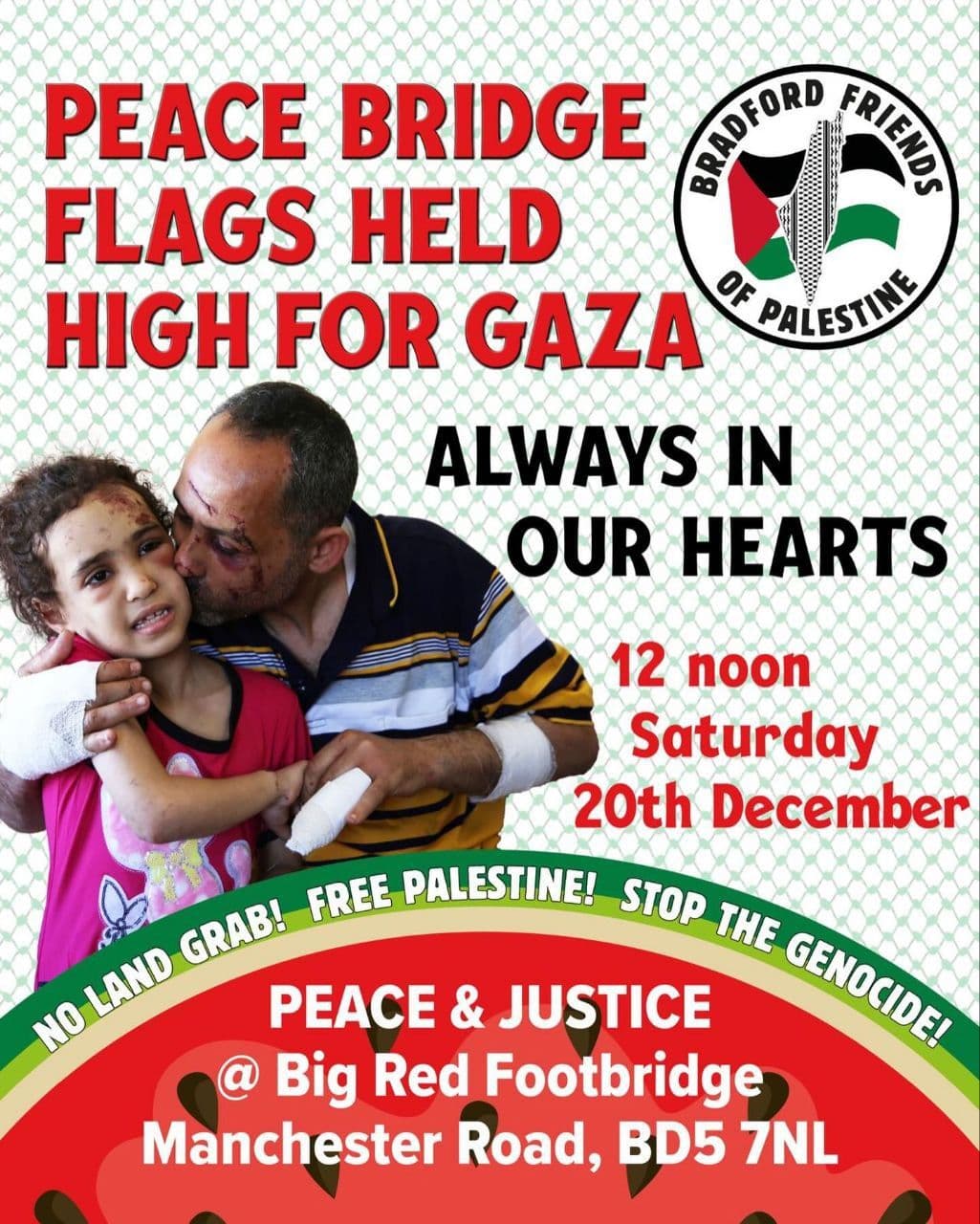 PEACE BRIDGE FLAGS HELD HIGH FOR GAZA