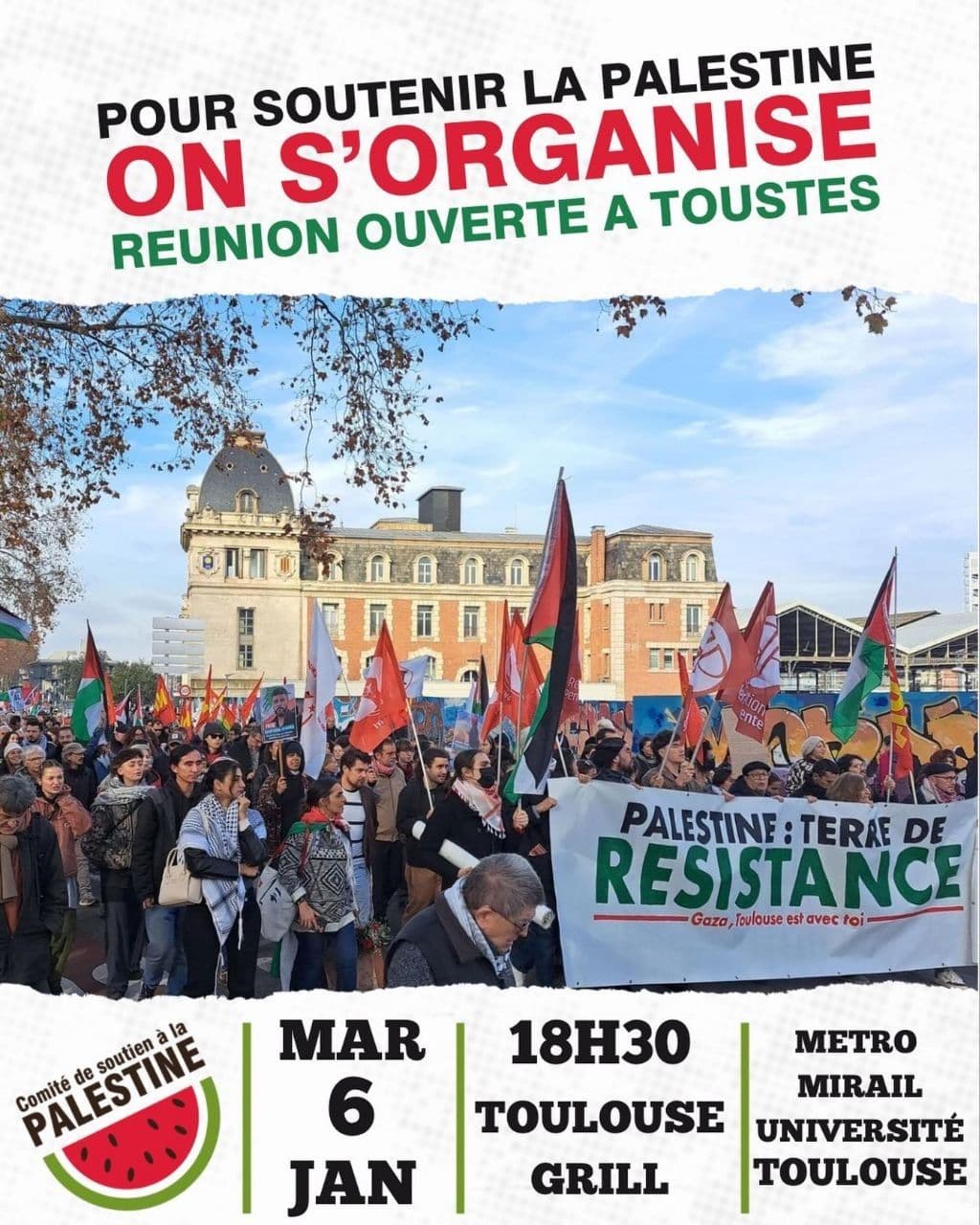 POUR SOUTENIR LA PALESTINE ON S'ORGANISE REUNION OUVERTE A TOUSTES